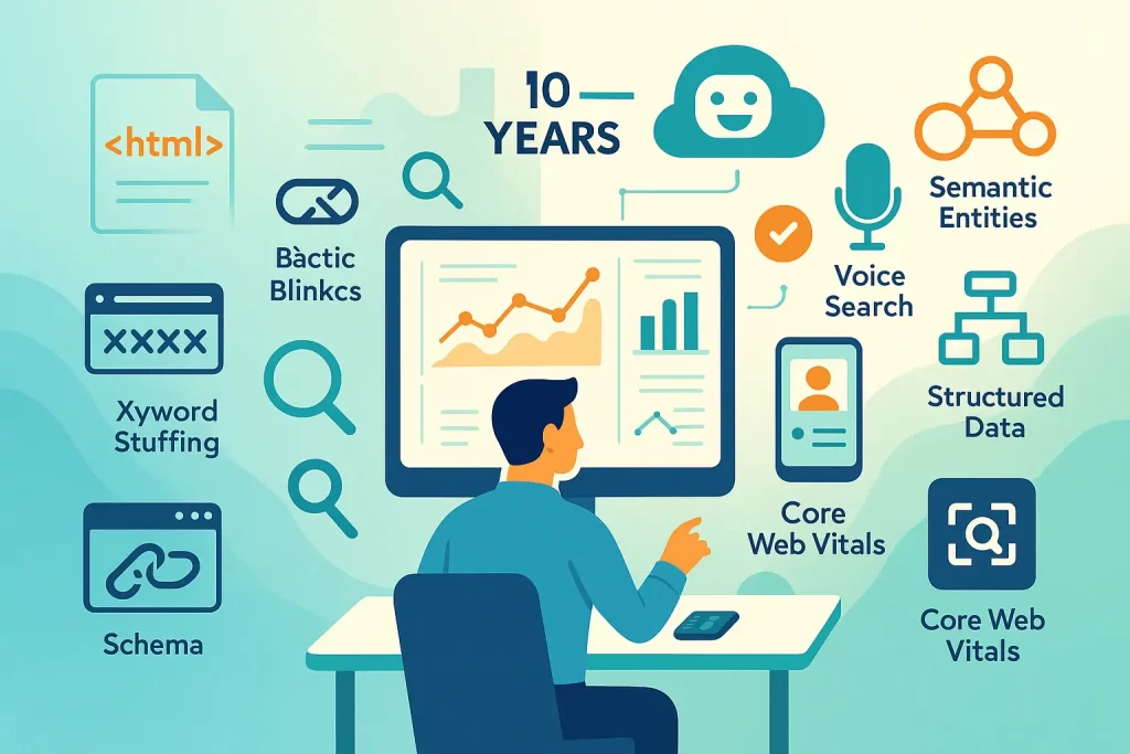 futuro do SEO, tendências de SEO 2035, SEO com IA, evolução do SEO, SEO técnico avançado, busca por voz e imagem, SEO sem cliques, personalização na SERP, SEO local inteligente, otimização com IA