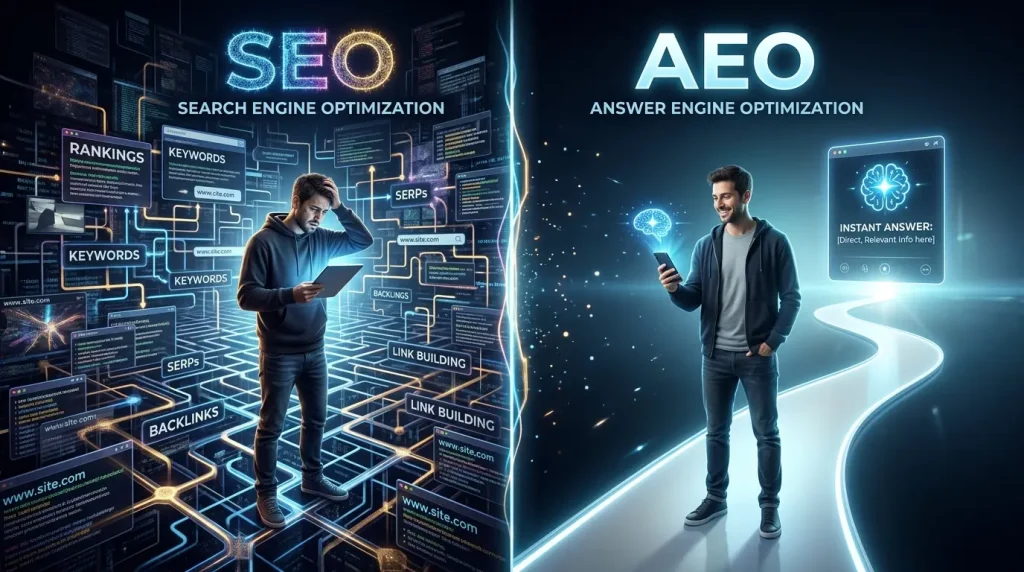 O que é AEO? O guia definitivo focado em SEO vs AEO 2026 1 O que é AEO? O guia definitivo focado em SEO vs AEO 2026