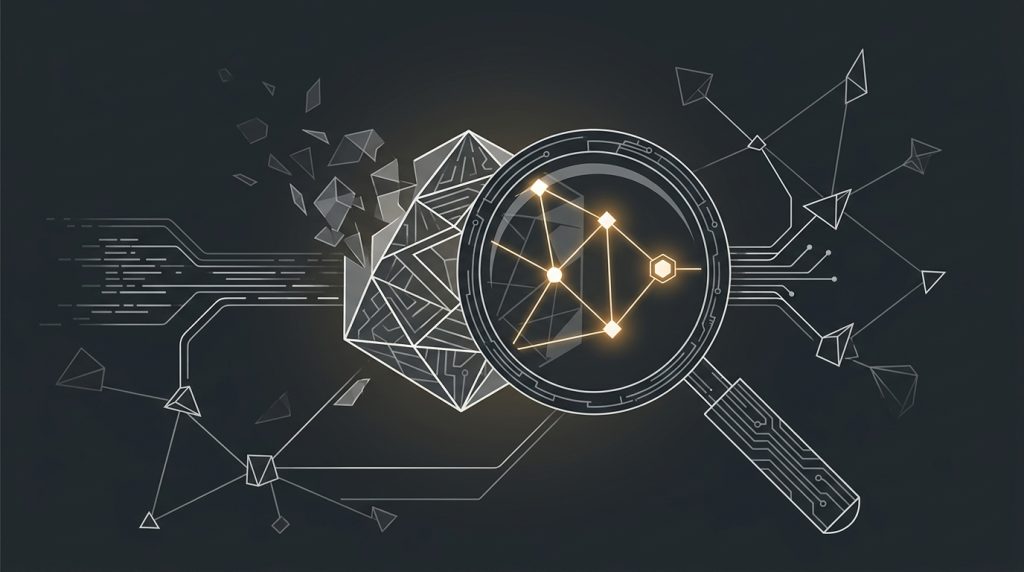Ilustração conceitual vetorial sobre diagnóstico de visibilidade de empresas e auditoria de entidades em motores de busca generativa com inteligência artificial.